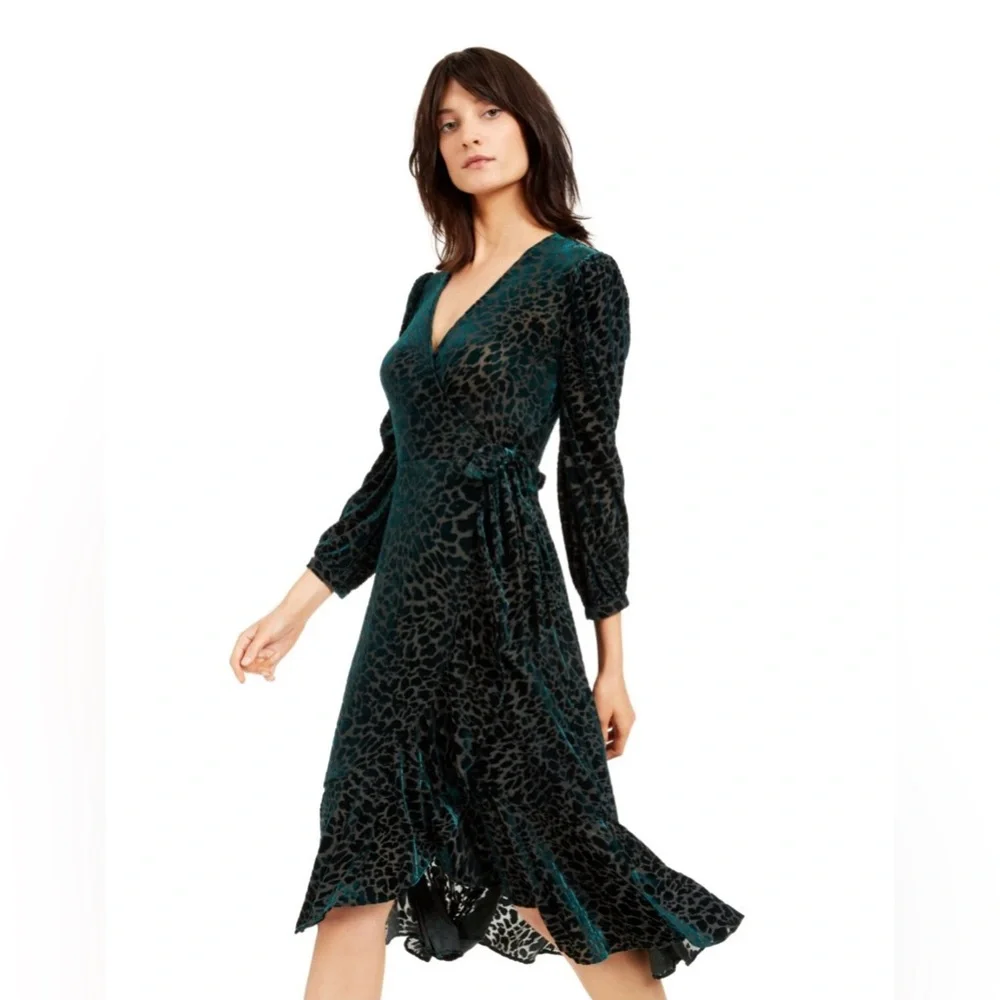 Calvin Klein Green Velvet Burnout Leopard Faux Wrap Dress Midi Long Sleeve 6 - Picture 2 of 13